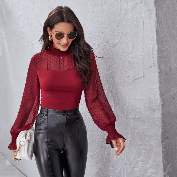 

Shirred Frilled Detail Swiss Dot Slim Top, Burgundy