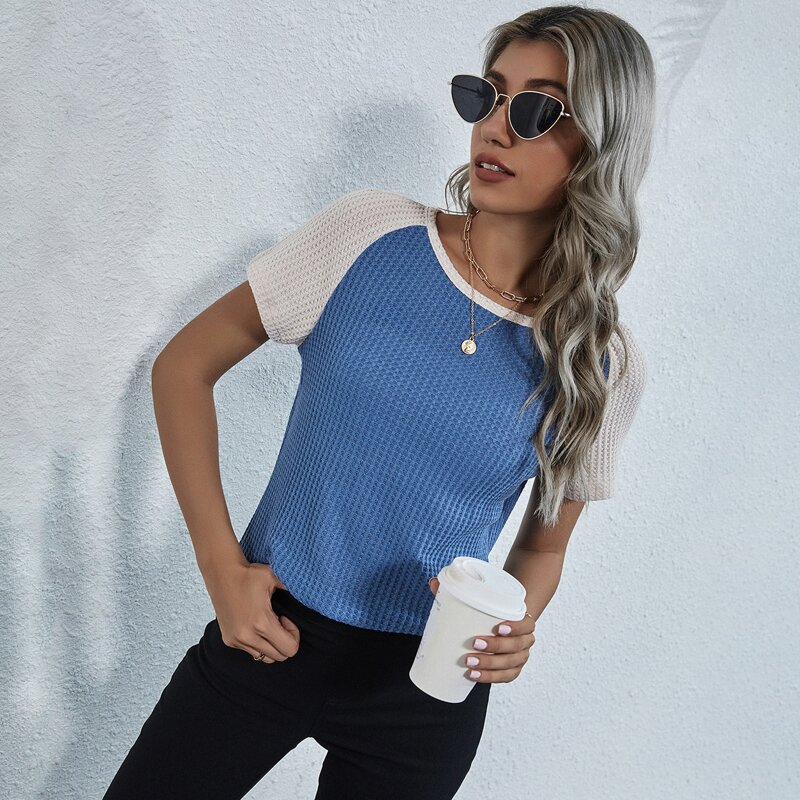 

Raglan Sleeve Waffle Knit Tee, Blue