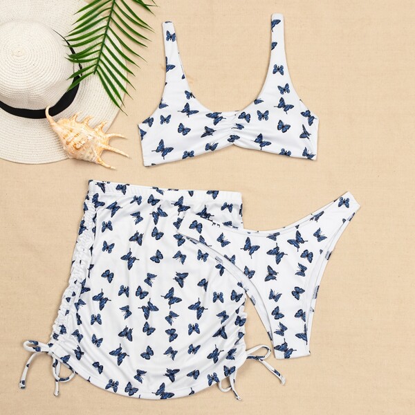 

3pack Butterfly Print Rib Ruched Bikini Swimsuit, Blue and white