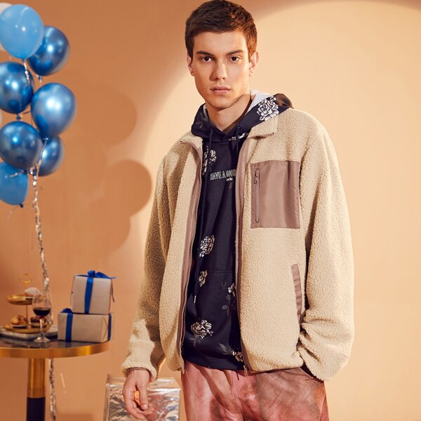 

Men Pocket Front Teddy Jacket, Apricot