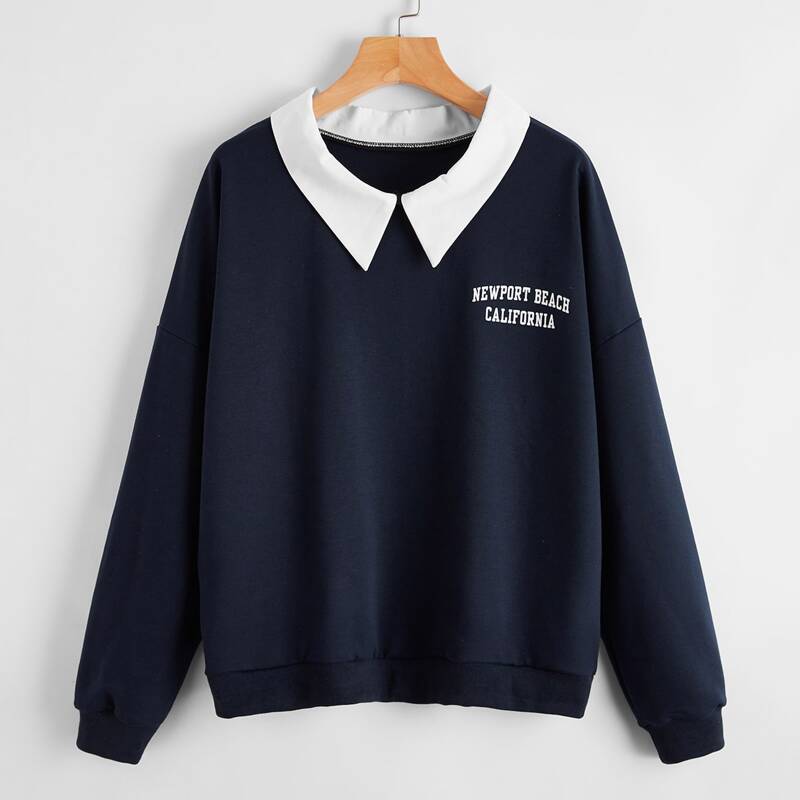 

Contrast Collar Letter Graphic Sweatshirt, Navy blue