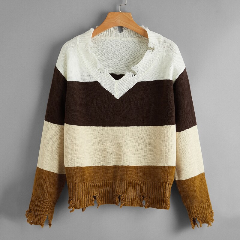 

Striped Pattern Frayed Sweater, Multicolor