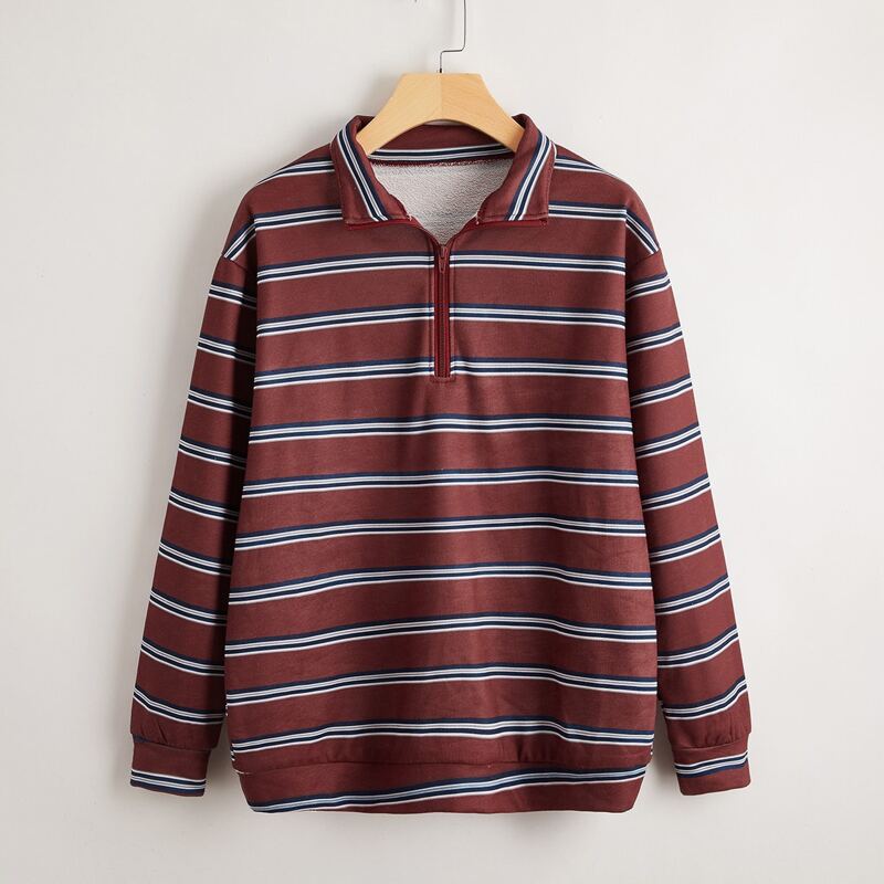 

Striped Pattern Half Zip Sweatshirt, Redwood