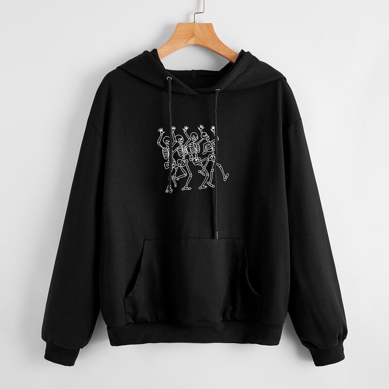 

Skeleton Print Drawstring Hoodie, Black