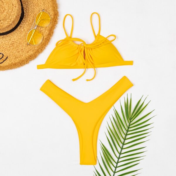 

Knot Front High Cut Bikini Swimsuit, Yellow