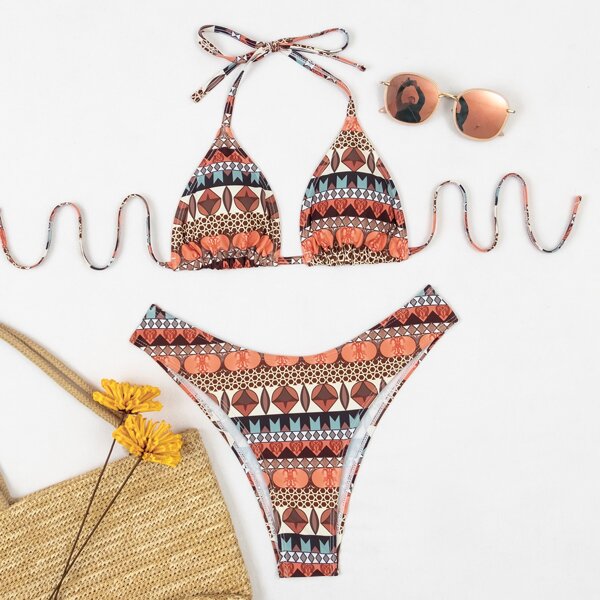 

Geo Print Triangle High Cut Bikini Swimsuit, Multicolor