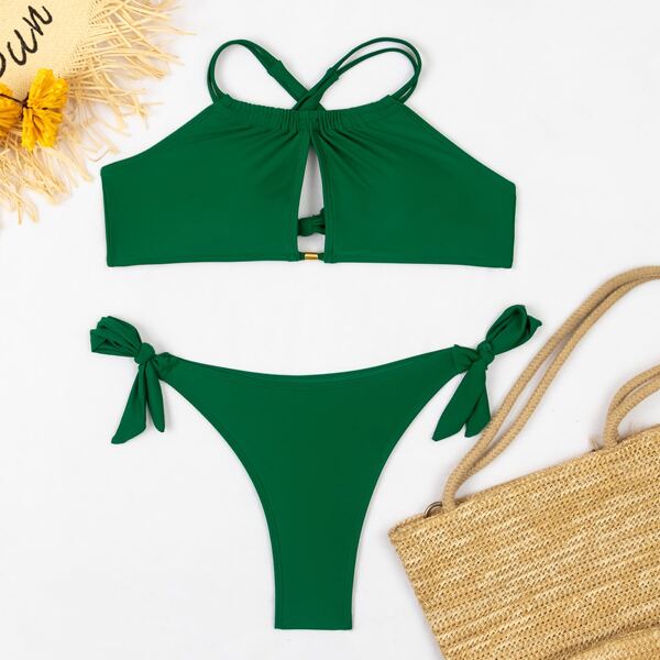 

Cut-out Front Tie Side Bikini Swimsuit, Green