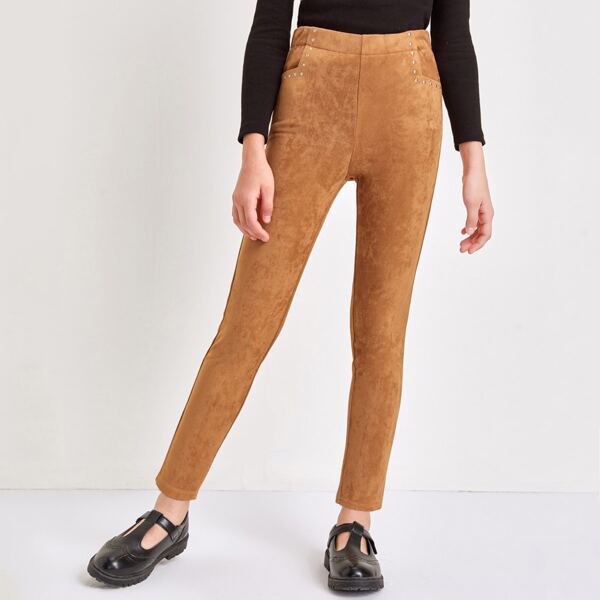 

Girls Elastic Waist Studded Detail Suede Pants, Brown