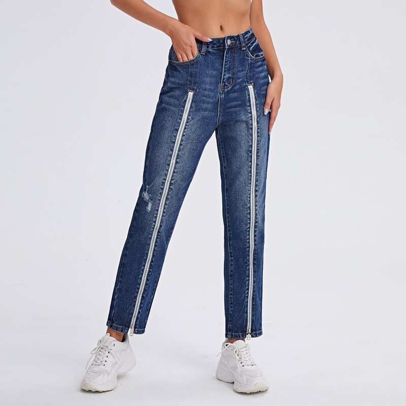 Zip Front Slant Pocket Straight Jeans, Medium wash