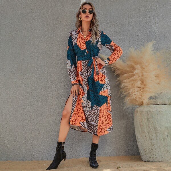 

Zebra Striped Belted Slit Hem Shirt Dress, Multicolor