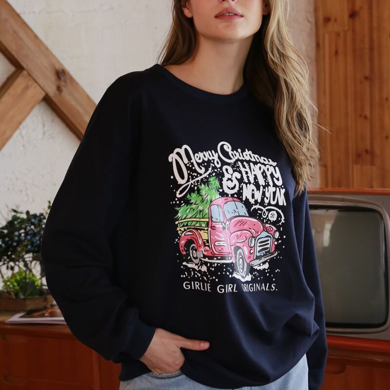 

Christmas Letter Car Graphic Oversized Sweatshirt, Navy blue