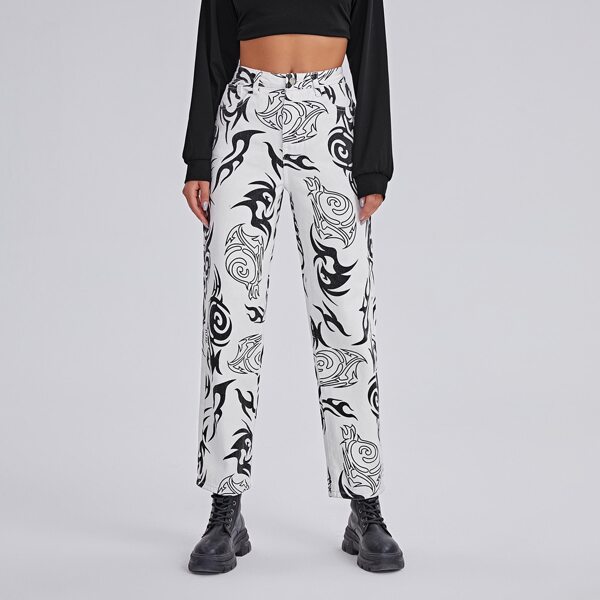 

Graphic Print Straight Leg Jeans, Black and white