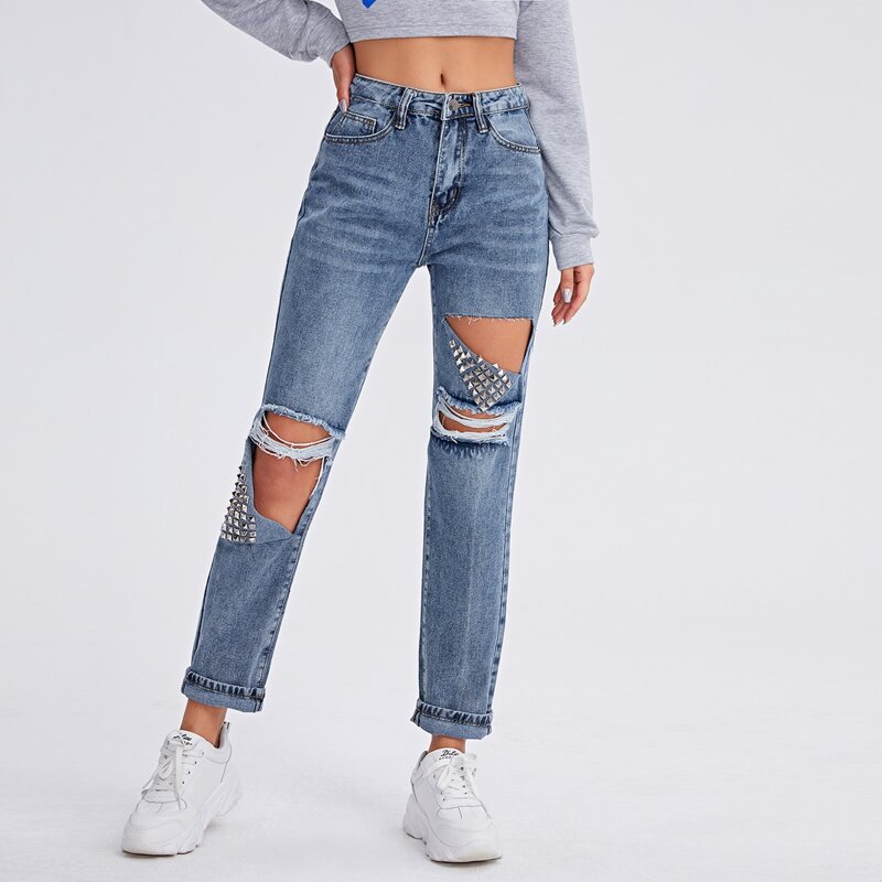 

Ripped Studded Detail Straight Leg Jeans, Light wash
