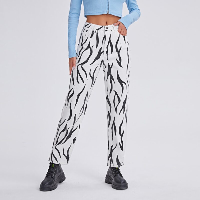 

Graphic Print Straight Leg Jeans, Black and white