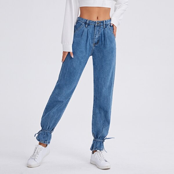 

Fold Pleat Knot Hem Jeans, Medium wash