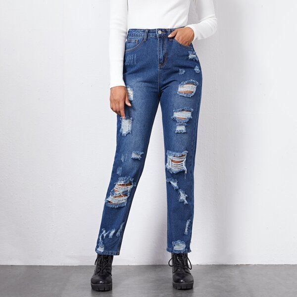 

High Waist Bleach Wash Ripped Jeans, Medium wash