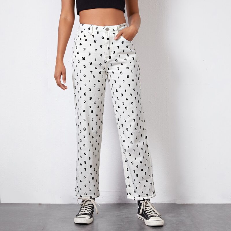 

High Waist Allover Number Print Straight Leg Jeans, White