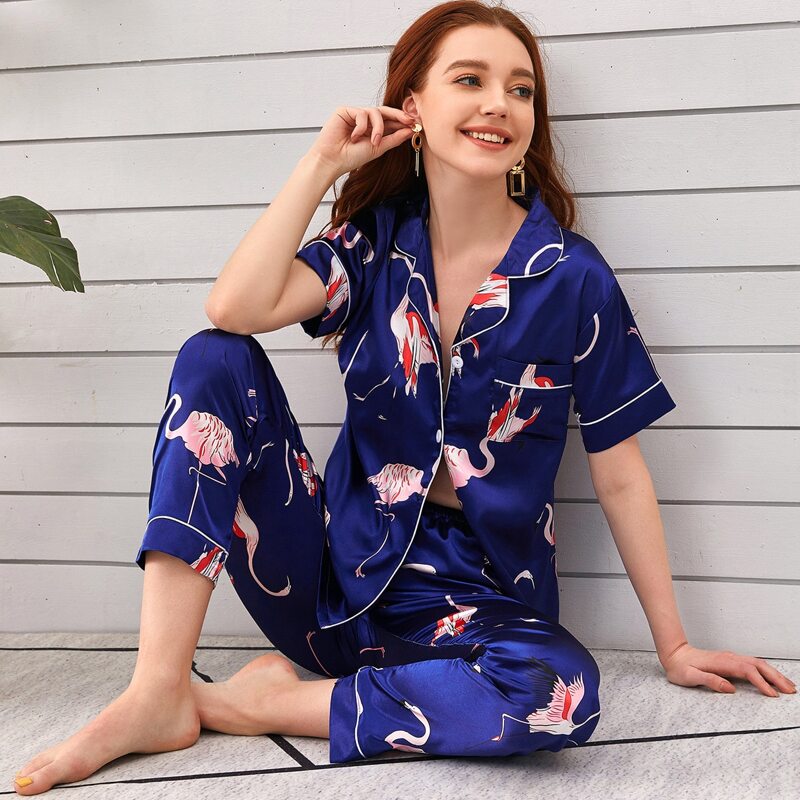 

Flamingo Print Satin Night Set, Navy blue