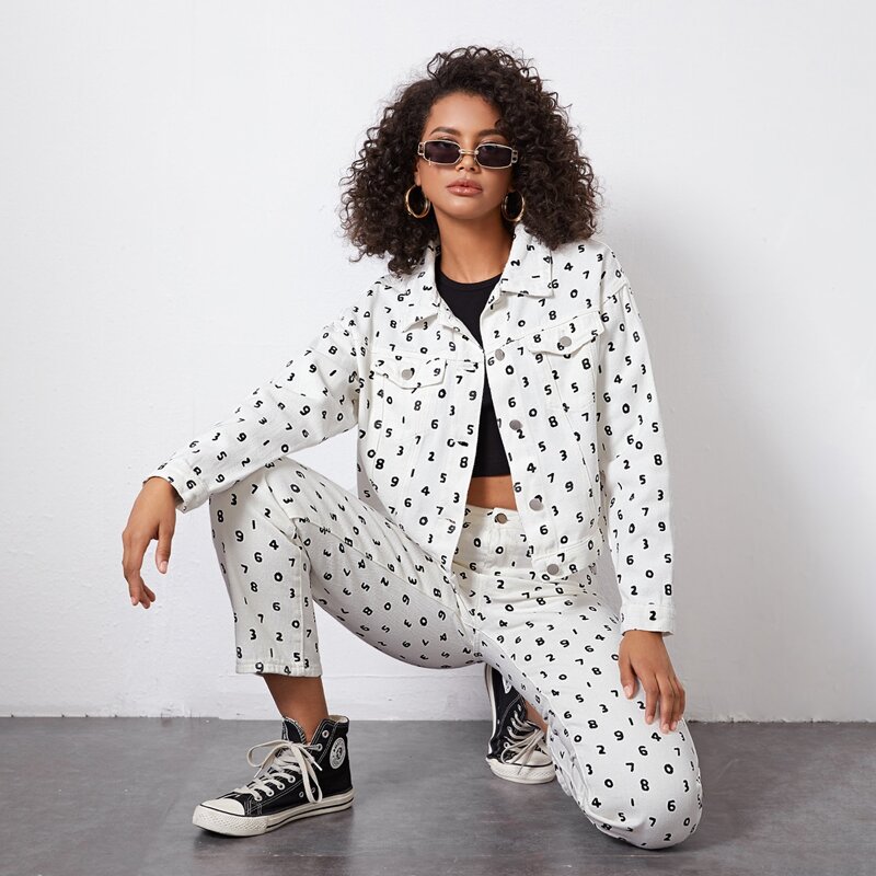

Allover Number Print Flap Pocket Denim Jacket, White