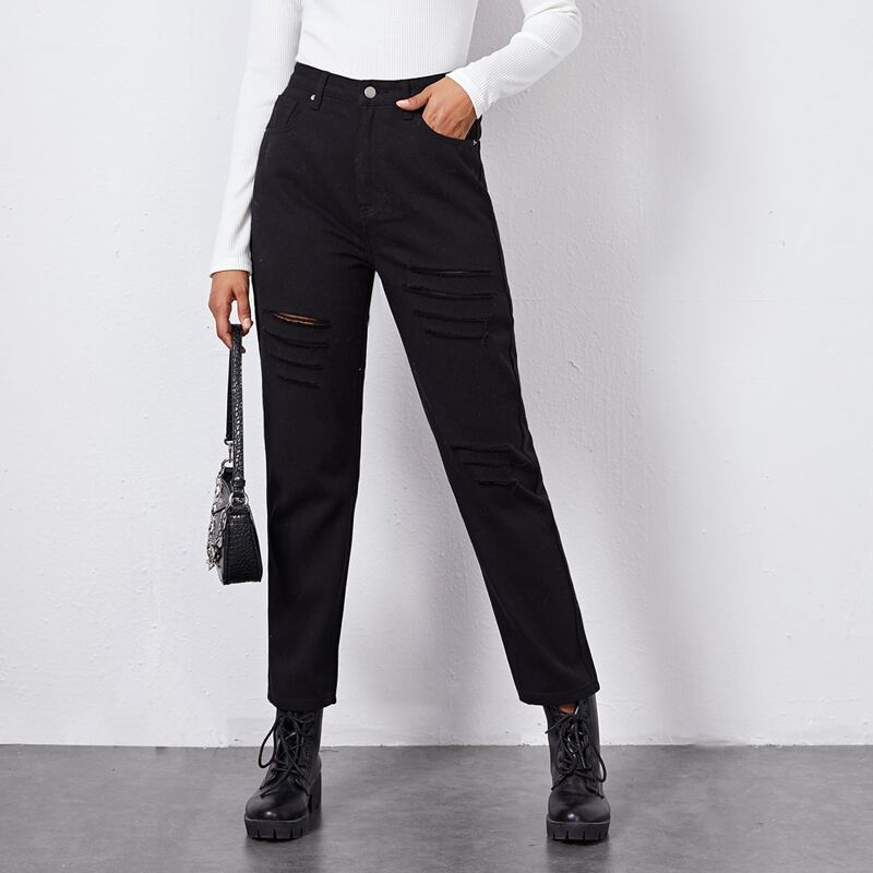 

High Waist Ripped Mom Jeans, Black
