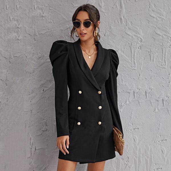 

Shawl Collar Gigot Sleeve Blazer Dress, Black