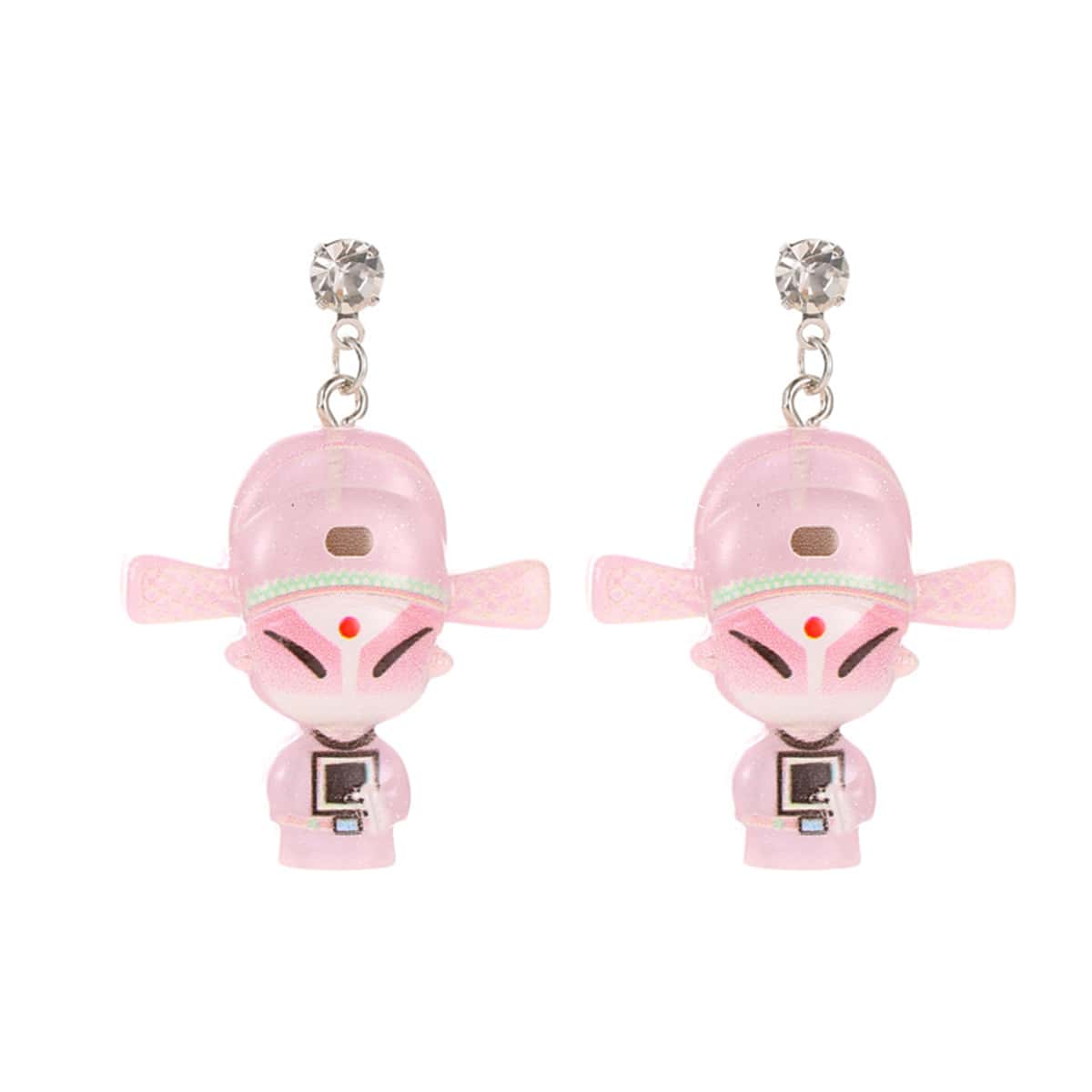 

Chinese Peking Opera Character Drop Earrings, Baby pink