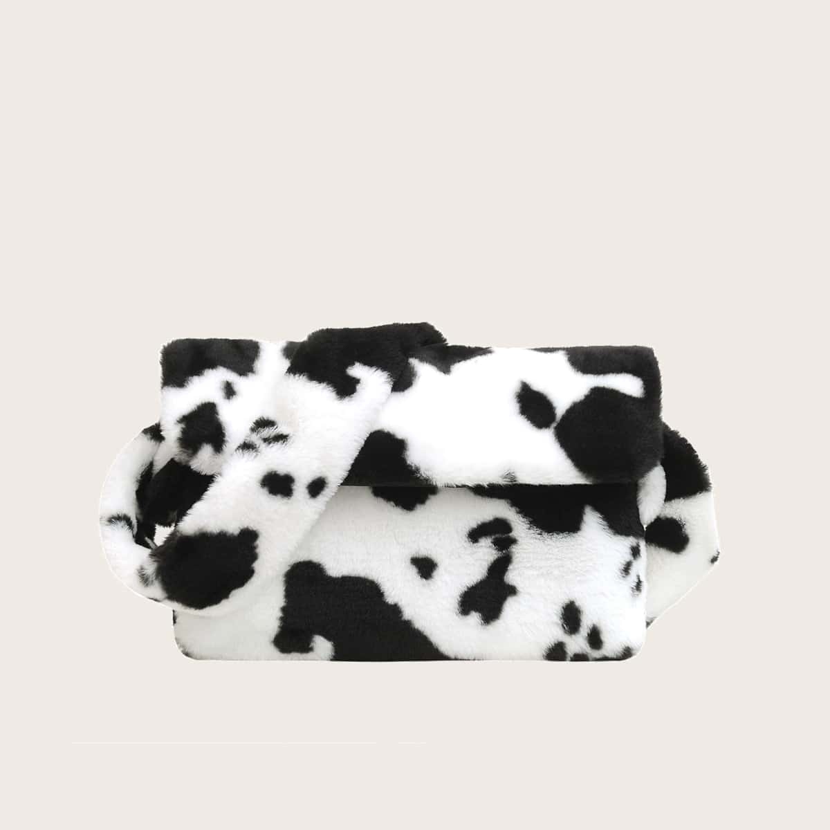 

Cow Print Fluffy Crossbody Bag, Black and white