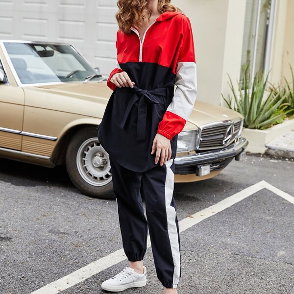 

Color-block Half Zip Belted Hoodie & Sweatpants, Multicolor