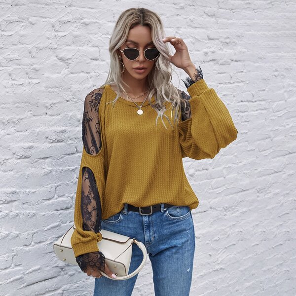 

Lace Insert Waffle Knit Sweatshirt, Mustard yellow
