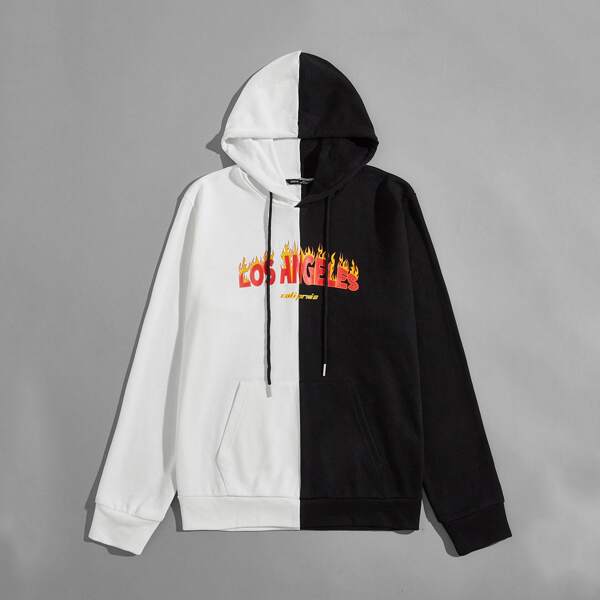 

Men Letter Graphic Two Tone Drawstring Hoodie, Black and white