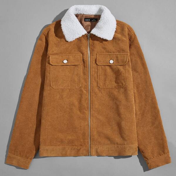 

Men Contrast Teddy Collar Zipper Placket Cord Jacket, Brown