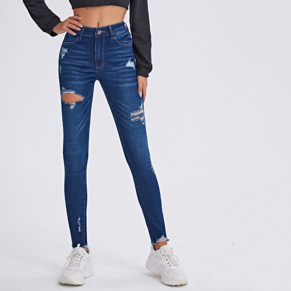 

High Stretch Ripped Skinny Jeans, Medium wash