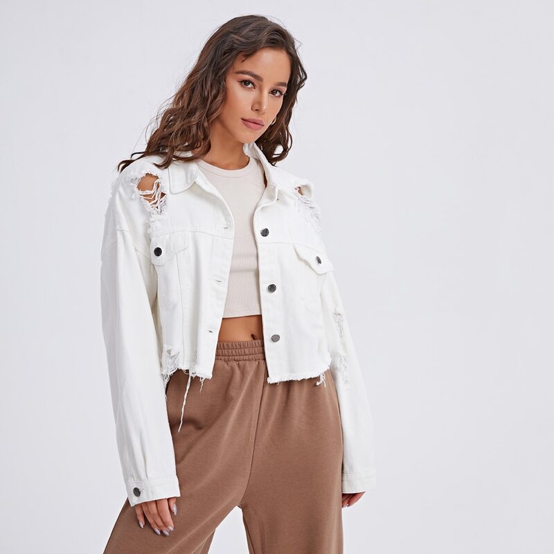 

Ripped Raw Hem Crop Denim Jacket, White