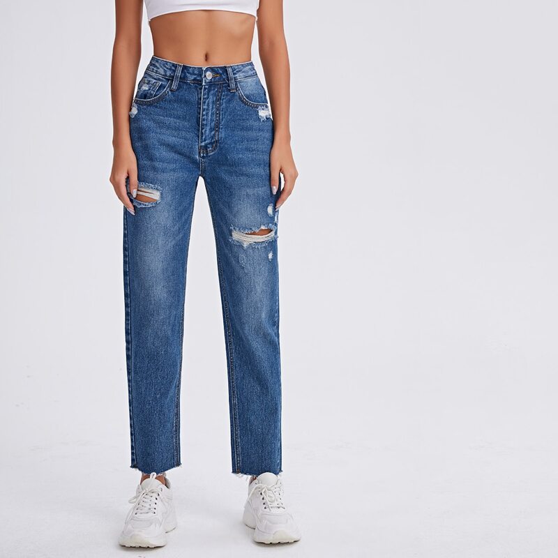 

Ripped Straight Leg Jeans, Medium wash