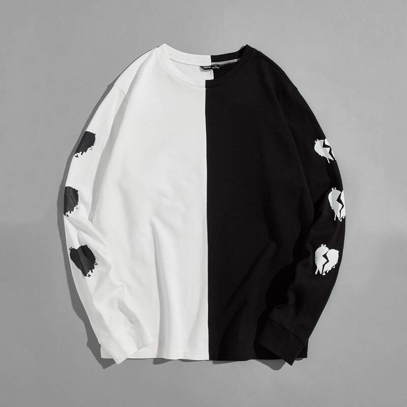 

Guys Heart Print Two Tone Pullover, Black and white