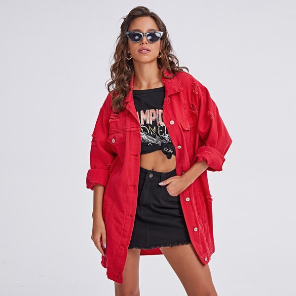 

Flap Pocket Ripped Denim Jacket, Red