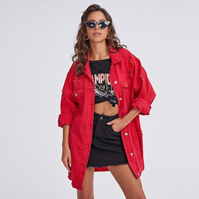 

Flap Pocket Ripped Denim Jacket, Red