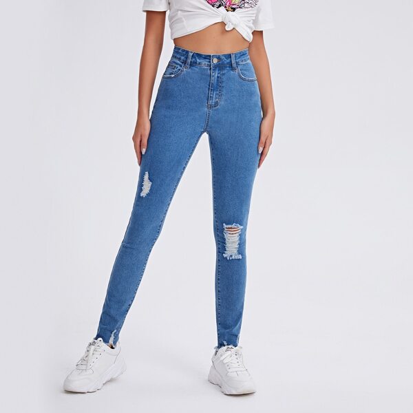 

High Stretch Distressed Skinny Jeans, Medium wash