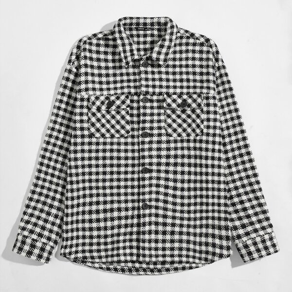 

Men Flap Pocket Gingham Coat, Black and white