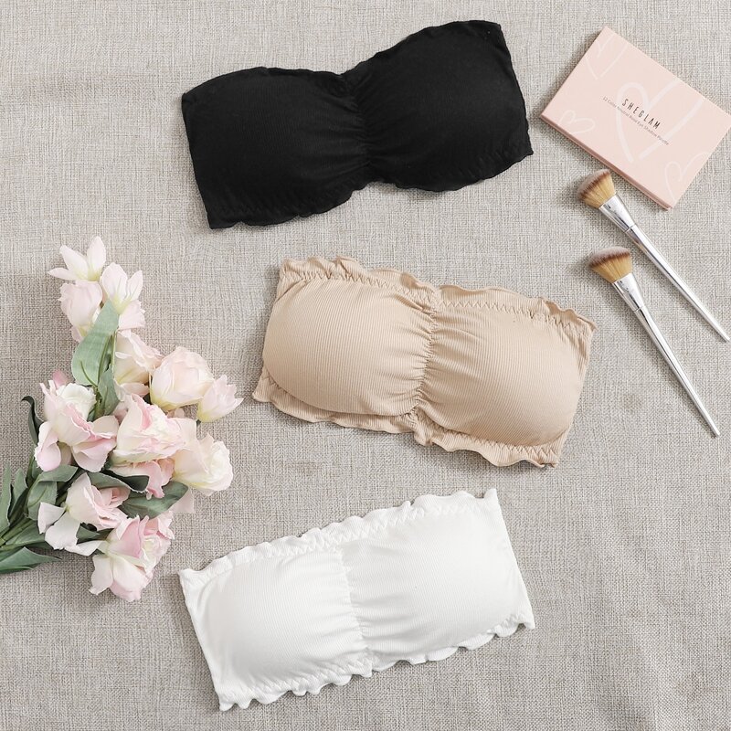

3pack Rib Frill Trim Bra Set, Multicolor