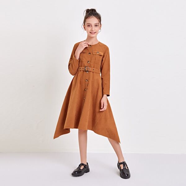 

Girls Asymmetrical Hem Buckle Belted Dress, Ginger