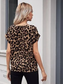 SHEIN LUNE Blusa con mangas con puños estampado de leopardo - Caqui - Ver 2