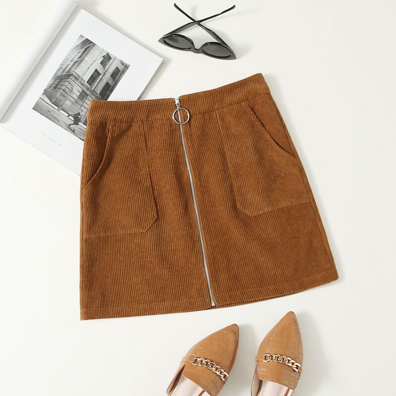 

Zipper Fly Patch Pocket Cord Skirt, Brown
