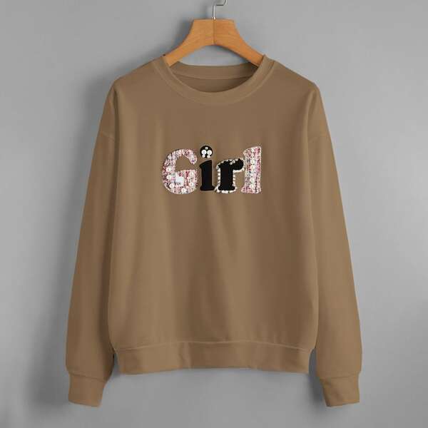 

Pearls Beaded Letter Detail Sweatshirt, Mocha brown
