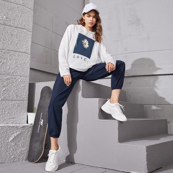 

Floral And Letter Graphic Hoodie & Pants, Blue and white
