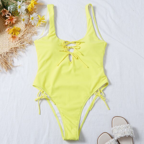 

Knot Front Tie Side One Piece Swimsuit, Yellow