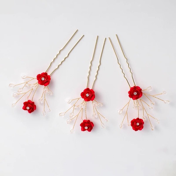 

3pcs Flower Decor Hair Pin, Red