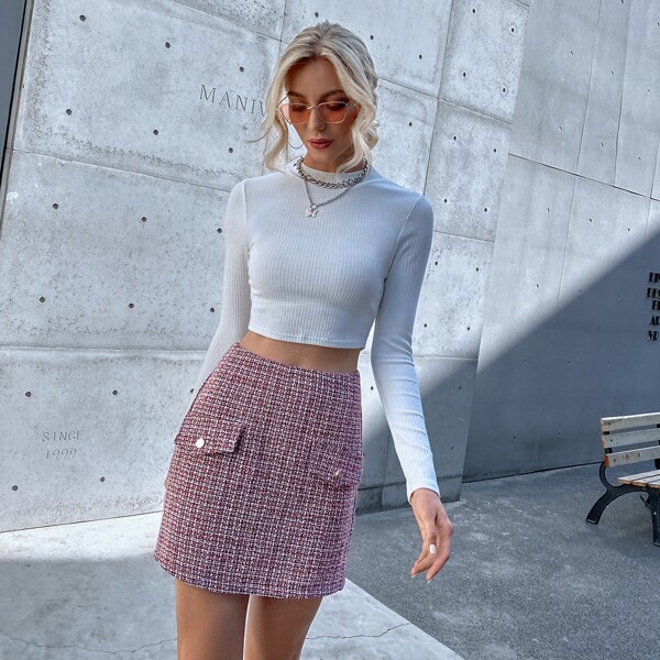 

Zip Back Flap Detail Plaid Tweed Skirt, Multicolor
