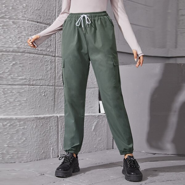 

Flap Pocket Side Drawstring Waist Cargo Pants, Army green