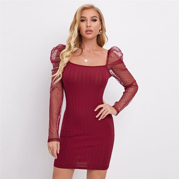 

Dobby Mesh Gigot Sleeve Rib-knit Bodycon Dress, Burgundy